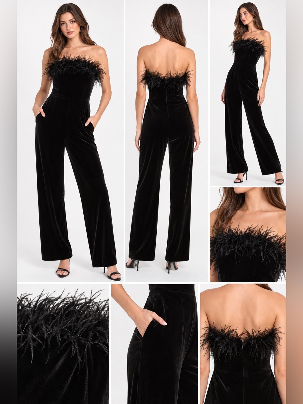 Liv Foster Black Velvet Feather Trim Strapless Jumpsuit Size 4 NWT